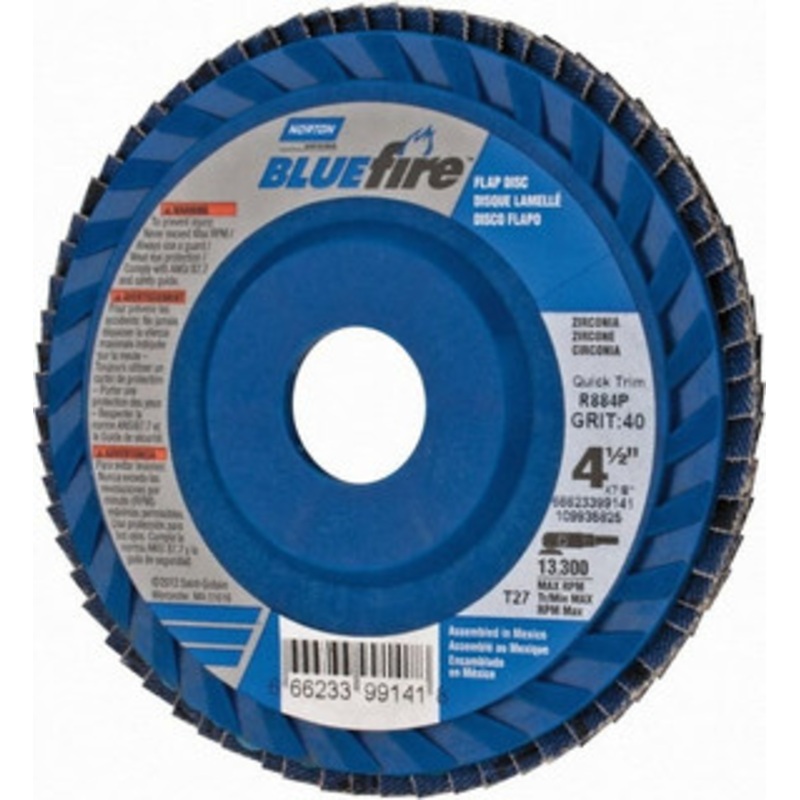 Norton 4-1/2 40 Grit 7/8 Center Hole Type 27 Zirconia Alumina Flap Disc Coarse Grade, Coated, Arbor Attachment, Fiberglass Backing, 13,300 RPM 66623399141 – 45450830
