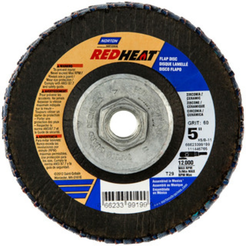 Norton 5 40 Grit 5/8-11 Center Hole Type 29 Ceramic Alumina Flap Disc Coarse Grade, Coated, Arbor Attachment, Fiberglass Backing, 12,000 RPM 66623399198 – 36044444