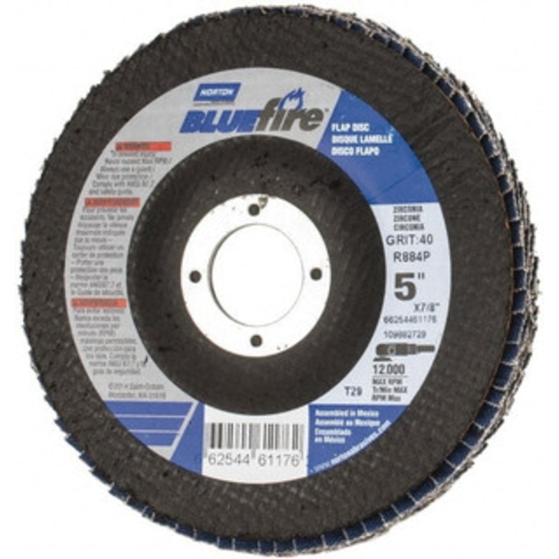Norton 5 40 Grit 7/8 Center Hole Type 29 Zirconia Alumina Flap Disc Coarse Grade, Coated, Arbor Attachment, Cloth Backing, 12,000 RPM 66254461176 – 30189310