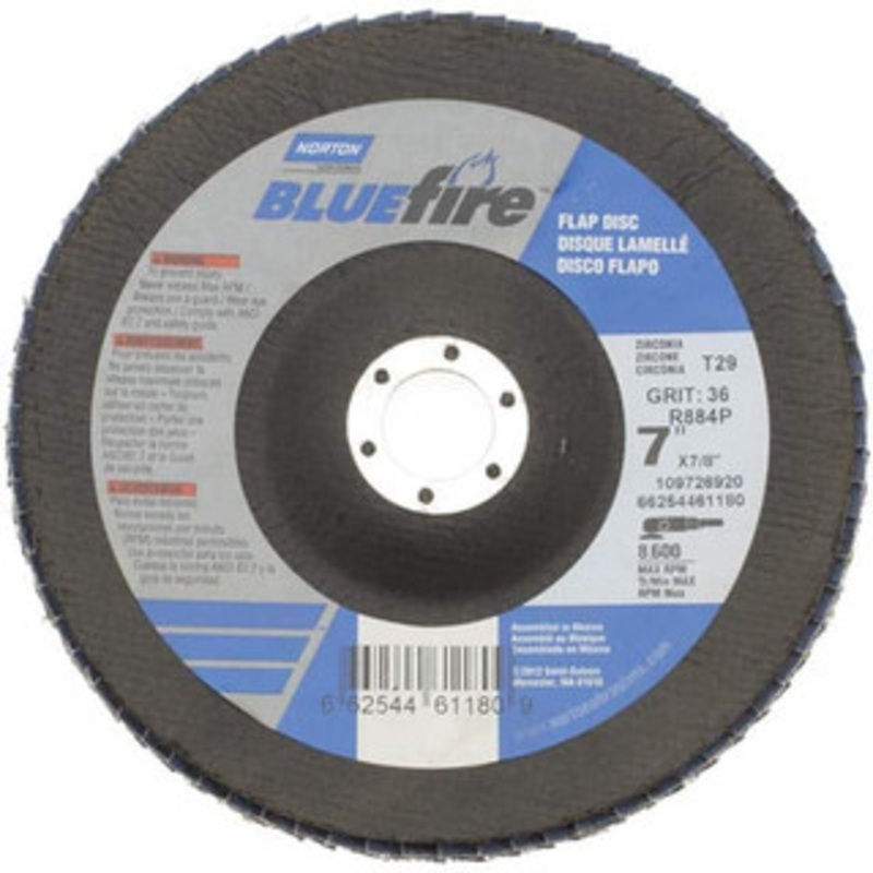Norton 7 36 Grit 7/8 Center Hole Type 29 Zirconia Alumina Flap Disc Very Coarse Grade, Coated, Arbor Attachment, Cloth Backing, 8,600 RPM 66254461180 – 61988150