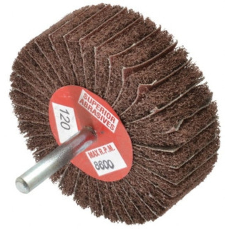 Superior Abrasives 3 Diam x 1 Face Width, Fine Aluminum Oxide Nonwoven & Coated Mounted Flap Wheel 1/4 Shank Mount, 120 Grit, Interleaf, 8,000 Max RPM 41105 – 00537969