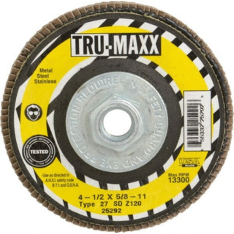Tru-Maxx 4-1/2 120 Grit 5/8-11 Center Hole Type 27 Zirconia Alumina Flap Disc Fine Grade, Coated, Arbor Attachment, 13,300 RPM 25292 – 86779956