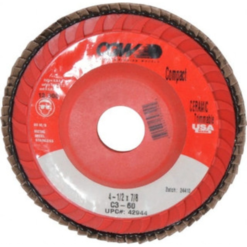 CGW Abrasives 4-1/2 60 Grit 7/8 Center Hole Type 27 Ceramic Flap Disc Medium Grade, Coated, Arbor Attachment, Polyester Backing, 13,300 RPM 42944 – 78916921