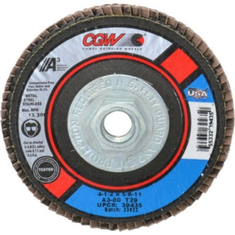 CGW Abrasives 4-1/2 80 Grit 5/8-11 Center Hole Type 29 Aluminum Oxide Flap Disc Medium Grade, Coated, Arbor Attachment, Polyester Backing, 13,300 RPM 39435 – 02555316