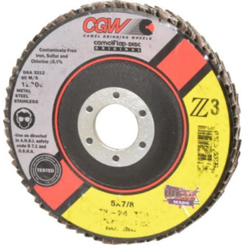 CGW Abrasives 5 24 Grit 7/8 Center Hole Type 29 Zirconia Alumina Flap Disc Very Coarse Grade, Coated, Arbor Attachment, Poly Cotton Backing, 12,200 RPM 42520 – 56437676