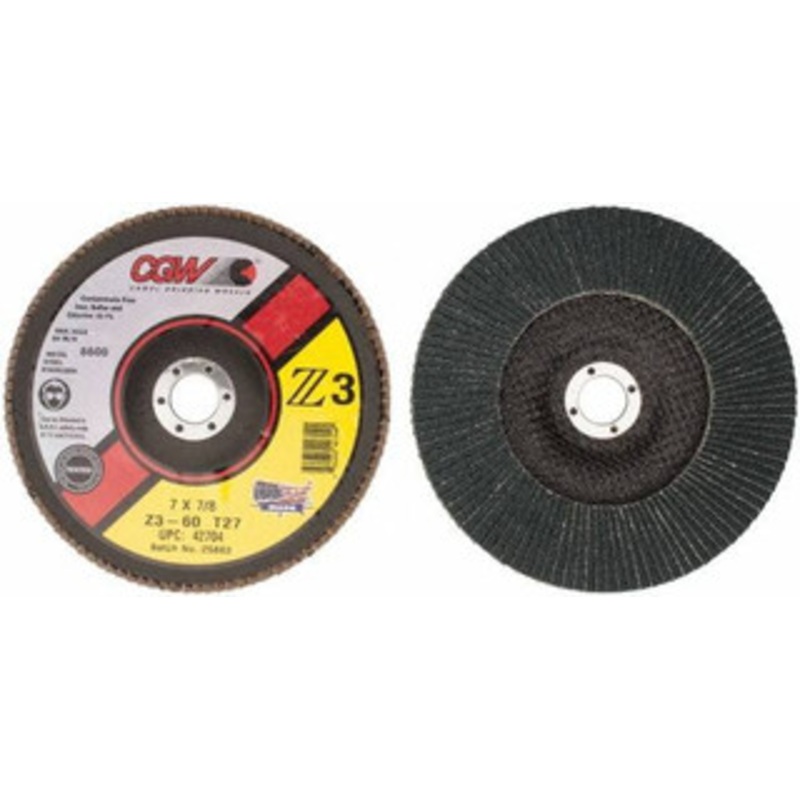 CGW Abrasives 7 60 Grit 7/8 Center Hole Type 27 Zirconia Alumina Flap Disc Medium Grade, Coated, Arbor Attachment, Poly Cotton Backing, 8,600 RPM 42704 – 56451552