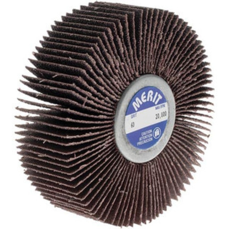 Merit Abrasives 3 Diam x 1 Face Width, Medium Ceramic Alumina Coated Mounted Flap Wheel 1/4-20 Threaded Mount, 60 Grit, Cloth Backing, 20,000 Max RPM 08834135015 – 00542860