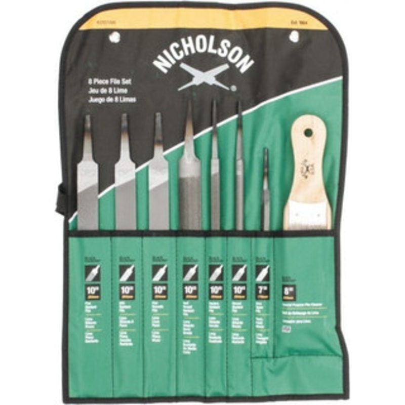 Nicholson 8 Piece American Pattern File Set 7, 10 Long, Bastard/Smooth Coarseness, Set Includes Flat, Half Round, Mill, Round, Slim Taper, Square 22025NNN – 60304888