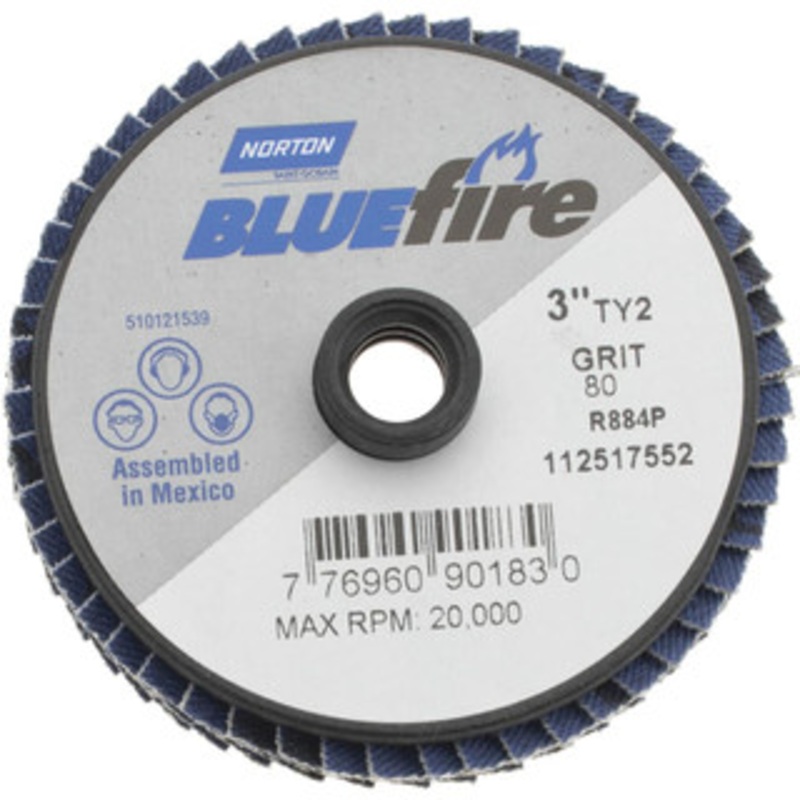 Norton 3 80 Grit Type 27 Zirconia Alumina Flap Disc Medium Grade, Coated, Quick Change Type S Attachment, Fiberglass Backing, 30,000 RPM 77696090183 – 68540954