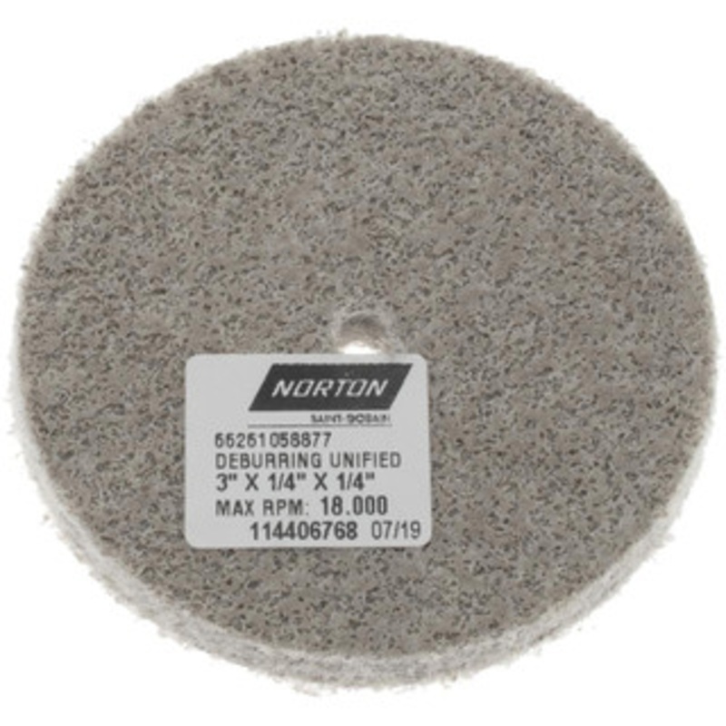 Norton 3 Diam, 1/4 Face Width, 1/4 Center Hole, Very Fine Grade, Aluminum Oxide Deburring Wheel Unitized, Medium Grade, 18,000 RPM 66261058877 – 05009667