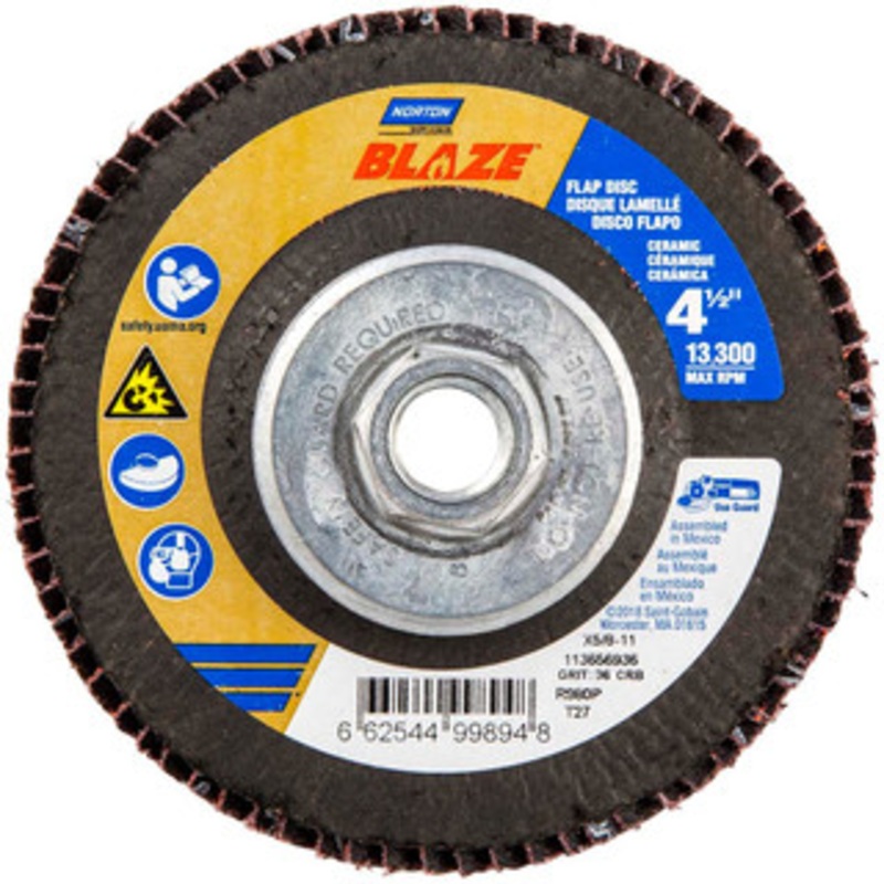 Norton 4-1/2 36 Grit 5/8-11 Center Hole Type 27 Ceramic Alumina Flap Disc Very Coarse Grade, Coated, Arbor Attachment, Cloth Backing, 13,000 RPM 66254499894 – 56275175