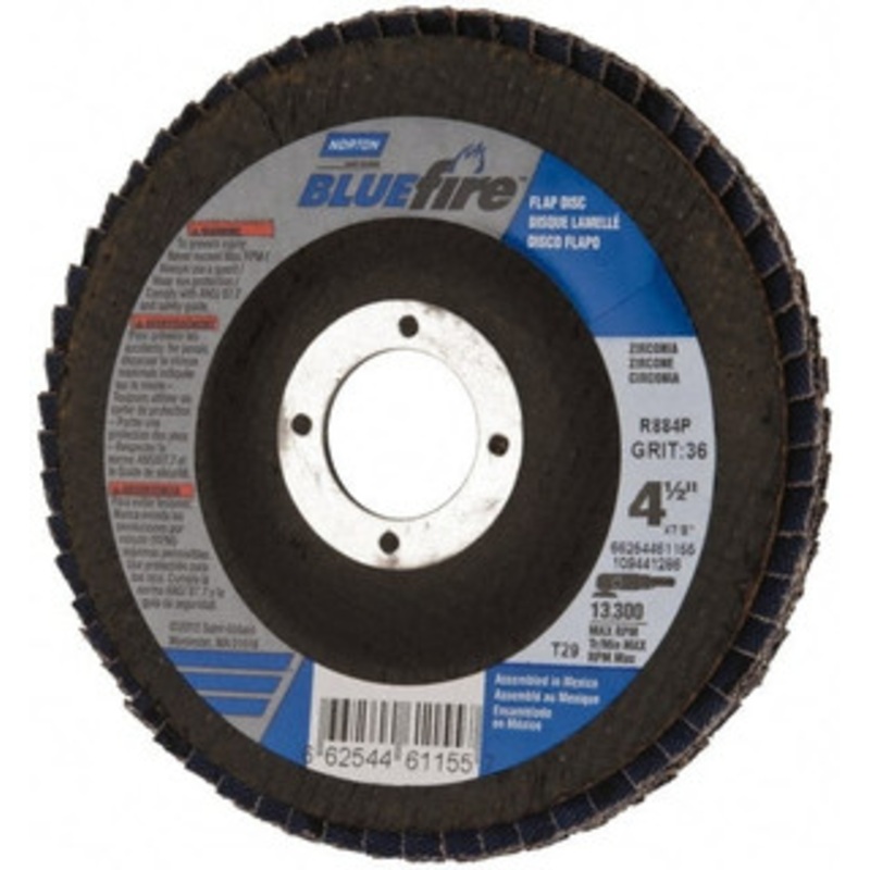 Norton 4-1/2 36 Grit 7/8 Center Hole Type 29 Zirconia Alumina Flap Disc Very Coarse Grade, Coated, Arbor Attachment, Cloth Backing, 13,300 RPM 66254461155 – 30189385