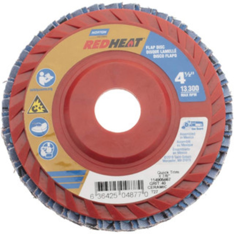 Norton 4-1/2 40 Grit 7/8 Center Hole Type 27 Ceramic Flap Disc Coarse Grade, Coated, Arbor Attachment, Plastic Backing, 13,000 RPM 63642504877 – 71945653