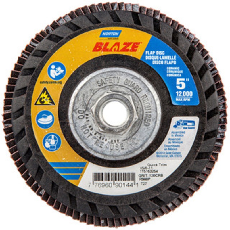 Norton 5 120 Grit 5/8-11 Center Hole Type 27 Ceramic Alumina Flap Disc Medium Grade, Coated, Arbor Attachment, Plastic Backing, 12,000 RPM 77696090144 – 36044527