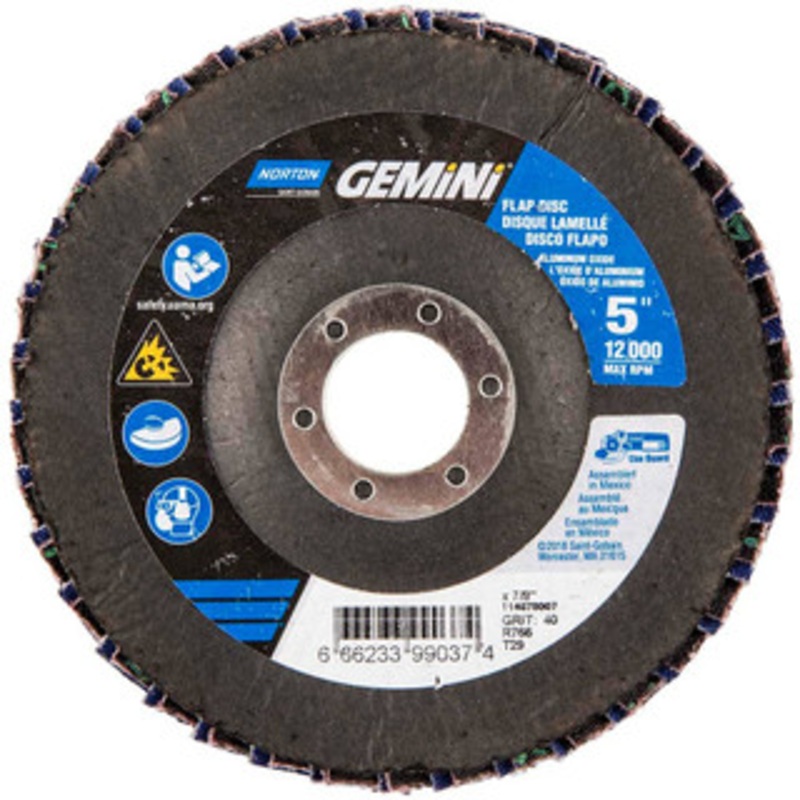 Norton 5 40 Grit 7/8 Center Hole Type 29 Ceramic Alumina Flap Disc Coarse Grade, Coated, Arbor Attachment, Polyester Backing, 12,000 RPM 66623399037 – 30189732