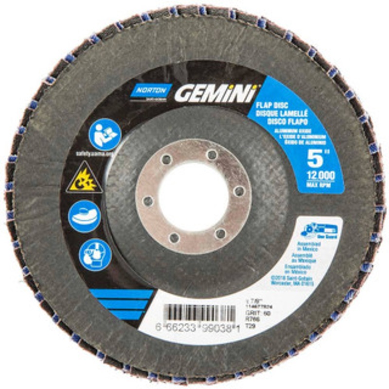 Norton 5 60 Grit 7/8 Center Hole Type 29 Ceramic Alumina Flap Disc Medium Grade, Coated, Arbor Attachment, Polyester Backing, 12,000 RPM 66623399038 – 30189724