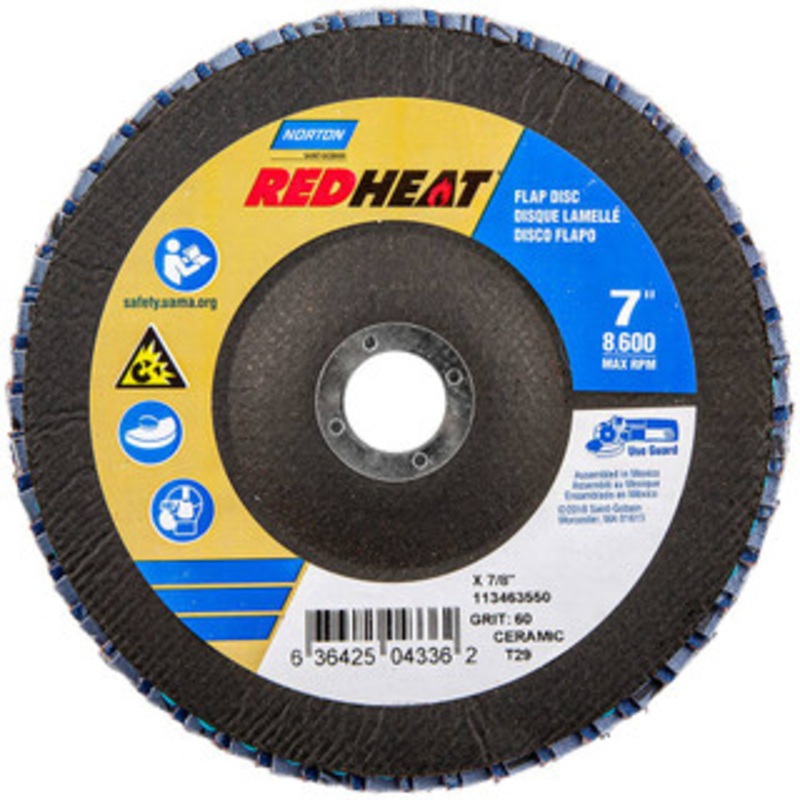 Norton 7 60 Grit 7/8 Center Hole Type 29 Ceramic Flap Disc Medium Grade, Coated, Arbor Attachment, Fiberglass Backing, 8,600 RPM 63642504336 – 06360523