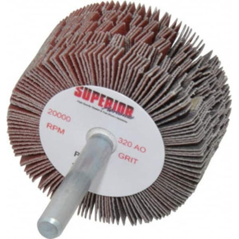 Superior Abrasives 2 Diam x 1 Face Width, Extra Fine Aluminum Oxide Coated Mounted Flap Wheel 1/4 Shank Mount, 320 Grit, J Weighted Cloth Backing, 14,000 Max RPM 28970 – 01923689