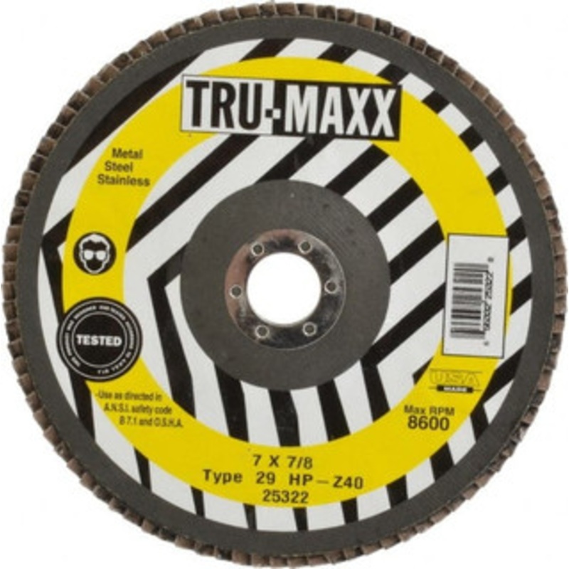Tru-Maxx 7 40 Grit 7/8 Center Hole Type 29 Zirconia Alumina Flap Disc Coarse Grade, Coated, Arbor Attachment, 8,600 RPM 25322 – 73225104