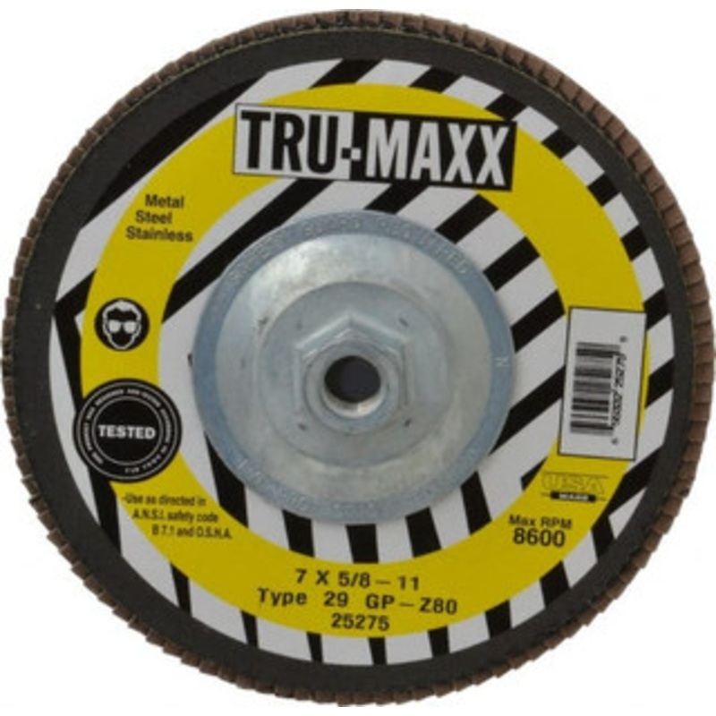 Tru-Maxx 7 80 Grit 5/8-11 Center Hole Type 29 Zirconia Alumina Flap Disc Medium Grade, Coated, Arbor Attachment, 8,600 RPM 25275 – 86779782