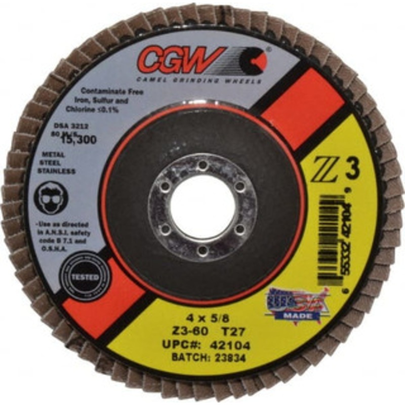 CGW Abrasives 4 60 Grit 5/8 Center Hole Type 27 Zirconia Alumina Flap Disc Medium Grade, Coated, Arbor Attachment, Poly Cotton Backing, 15,300 RPM 42104 – 56436678