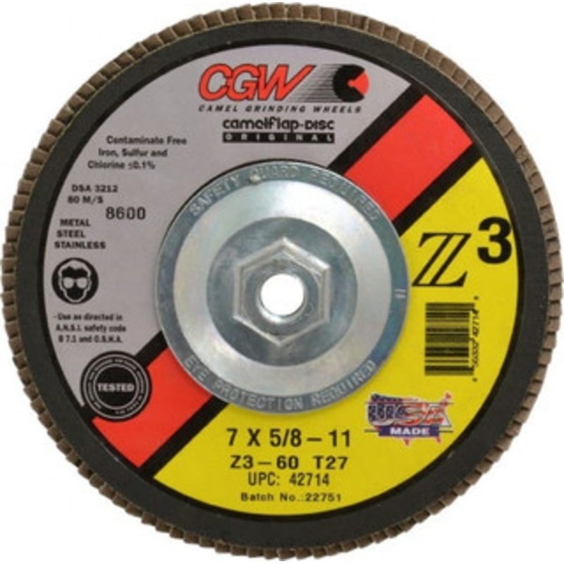 CGW Abrasives 7 60 Grit 5/8-11 Center Hole Type 27 Zirconia Alumina Flap Disc Medium Grade, Coated, Arbor Attachment, Poly Cotton Backing, 8,600 RPM 42714 – 56435332