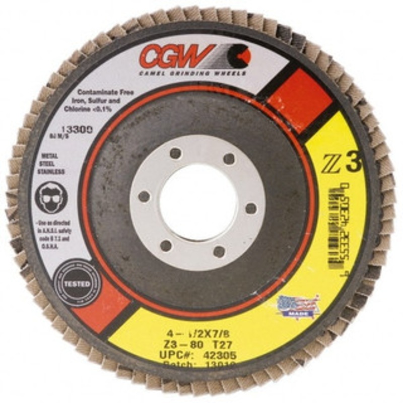 CGW Abrasives 7 80 Grit 5/8-11 Center Hole Type 27 Zirconia Alumina Flap Disc Medium Grade, Coated, Arbor Attachment, Poly Cotton Backing, 8,600 RPM 42715 – 56435340