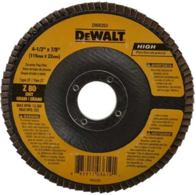 DeWALT 4-1/2 80 Grit 7/8 Center Hole Type 27 Zirconia Alumina Flap Disc Medium Grade, Coated, Arbor Attachment, Fiberglass Backing, 13,300 RPM DW8353 – 40582496