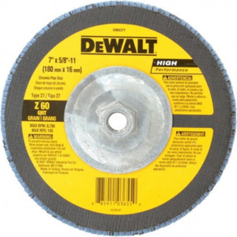 DeWALT 7 60 Grit 5/8-11 Center Hole Type 27 Zirconia Alumina Flap Disc Medium Grade, Coated, Arbor Attachment, Fiberglass Backing, 8,700 RPM DW8377 – 50960269
