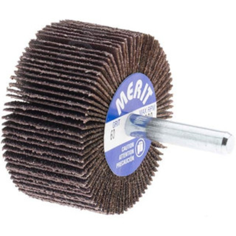 Merit Abrasives 2 Diam x 1 Face Width, Medium Aluminum Oxide Coated Mounted Flap Wheel 1/4 Shank Mount, 60 Grit, Cloth Backing, 25,000 Max RPM 08834137370 – 09608662