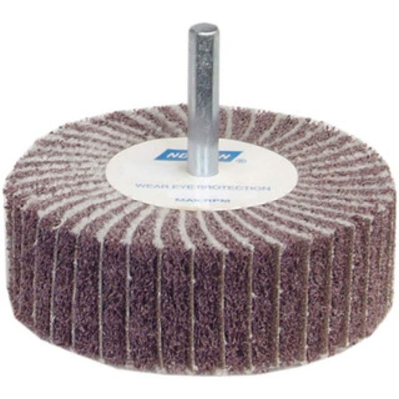 Norton 2 Diam x 1 Face Width, Medium Aluminum Oxide Nonwoven & Coated Mounted Flap Wheel 1/4 Shank Mount, 80 Grit, Interleaf, Cloth Backing, 12,000 Max RPM 66261051721 – 48653208