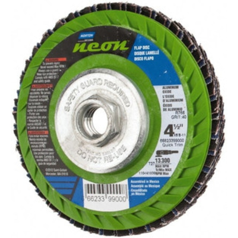 Norton 4-1/2 40 Grit 5/8-11 Center Hole Type 27 Ceramic Alumina Flap Disc Coarse Grade, Coated, Arbor Attachment, Polyester Backing, 13,300 RPM 66623399000 – 56275118