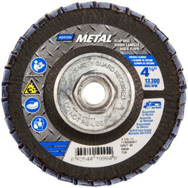 Norton 4-1/2 40 Grit 5/8-11 Center Hole Type 29 Zirconia Alumina Flap Disc Coarse Grade, Coated, Arbor Attachment, Fiberglass Backing, 13,300 RPM 66254419994 – 45451267