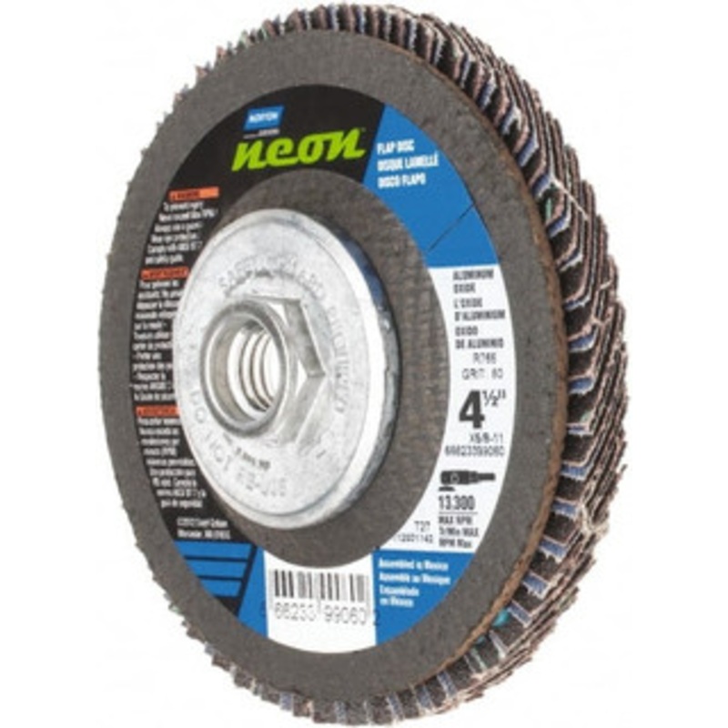 Norton 4-1/2 60 Grit 5/8-11 Center Hole Type 27 Ceramic Alumina Flap Disc Medium Grade, Coated, Arbor Attachment, Polyester Backing, 13,300 RPM 66623399060 – 56275795