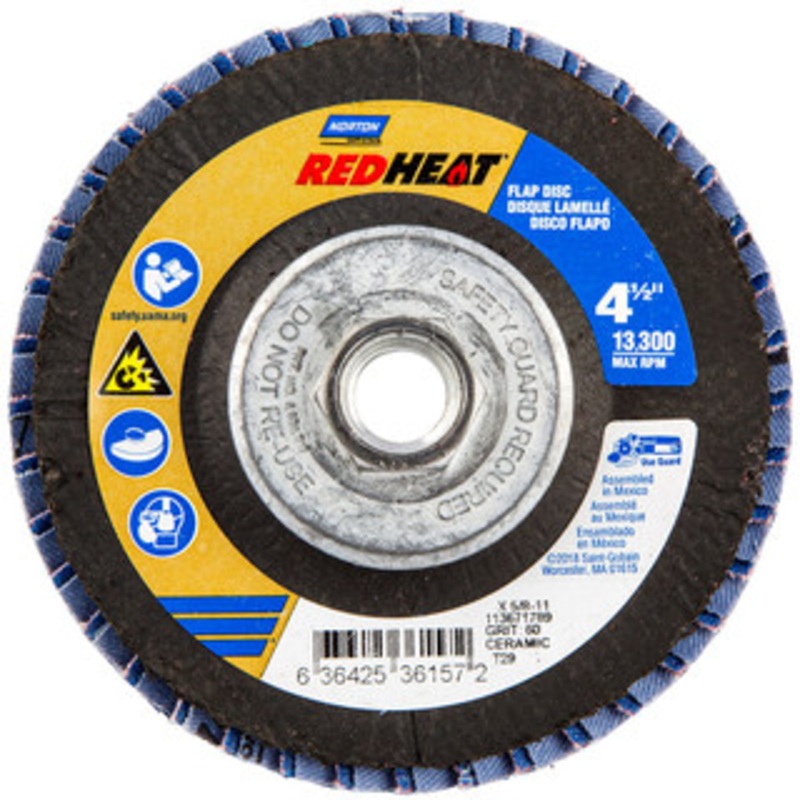 Norton 4-1/2 60 Grit 5/8-11 Center Hole Type 29 Ceramic Flap Disc Medium Grade, Coated, Arbor Attachment, Fiberglass Backing, 13,000 RPM 63642536157 – 09258286