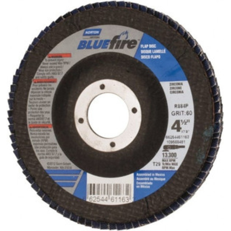 Norton 4-1/2 60 Grit 7/8 Center Hole Type 29 Zirconia Alumina Flap Disc Medium Grade, Coated, Arbor Attachment, Cloth Backing, 13,300 RPM 66254461163 – 30189377