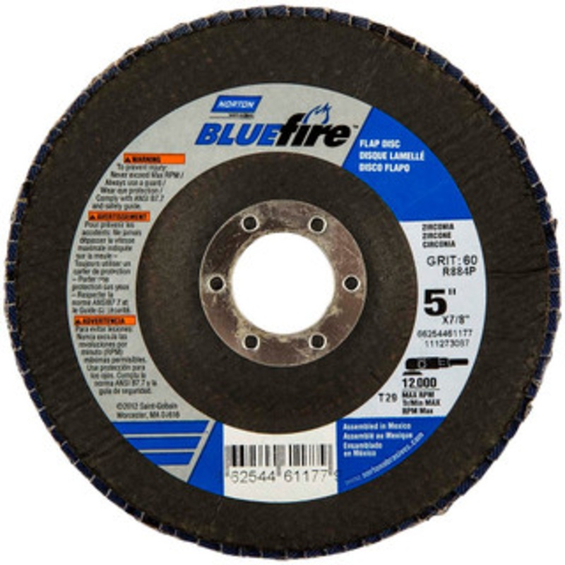 Norton 5 36 Grit 7/8 Center Hole Type 29 Zirconia Alumina Flap Disc Coarse Grade, Coated, Arbor Attachment, Plastic Backing, 12,000 RPM 66623341113 – 69000560