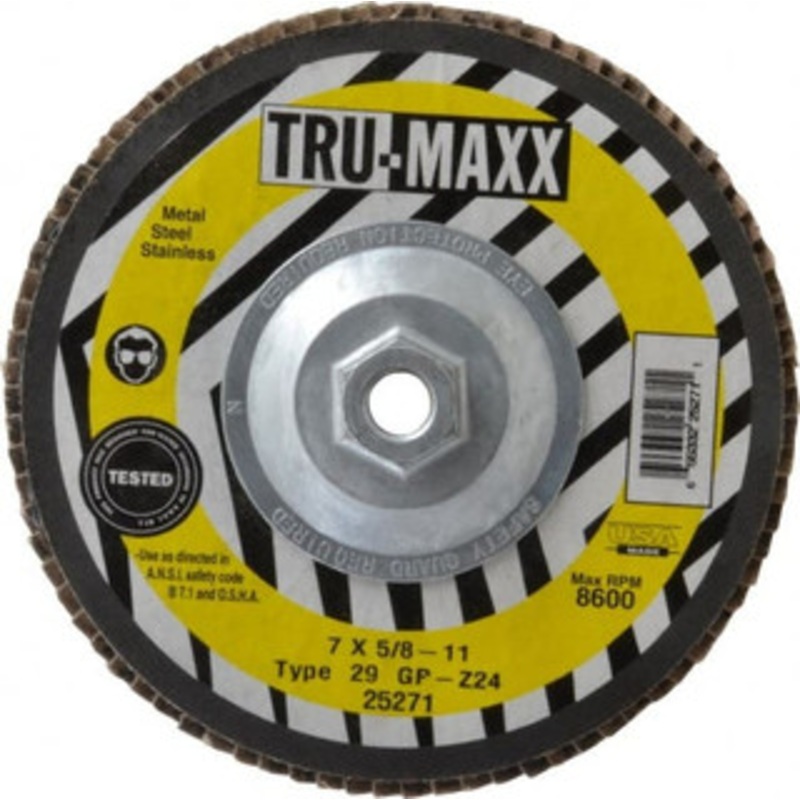 Tru-Maxx 7 24 Grit 5/8-11 Center Hole Type 29 Zirconia Alumina Flap Disc Very Coarse Grade, Coated, Arbor Attachment, 8,600 RPM 25271 – 40140493