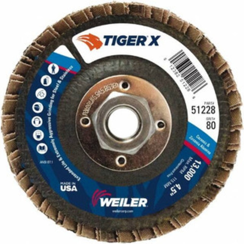 Weiler Abrasives 4-1/2 80 Grit 5/8-11 Center Hole Type 27 Zirconia Alumina Flap Disc Medium Grade, Coated, Arbor Attachment, Phenolic Backing, 13,000 RPM 51228 – 46905782