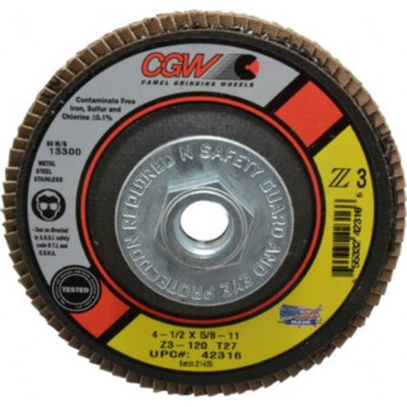 CGW Abrasives 4-1/2 120 Grit 5/8-11 Center Hole Type 27 Zirconia Alumina Flap Disc Fine Grade, Coated, Arbor Attachment, Poly Cotton Backing, 13,300 RPM 42316 – 82283805