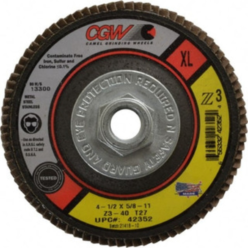 CGW Abrasives 4-1/2 40 Grit 5/8-11 Center Hole Type 27 Zirconia Alumina Flap Disc Coarse Grade, Coated, Arbor Attachment, Poly Cotton Backing, 13,300 RPM 42352 – 02555761