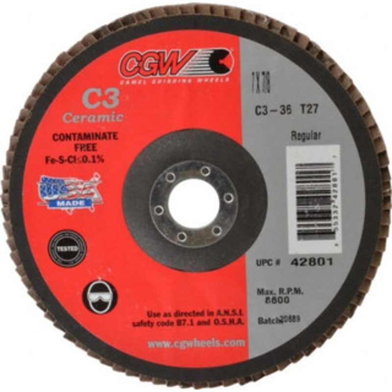 CGW Abrasives 7 36 Grit 7/8 Center Hole Type 27 Ceramic Flap Disc Very Coarse Grade, Coated, Arbor Attachment, Polyester Backing, 8,600 RPM 42801 – 63009914
