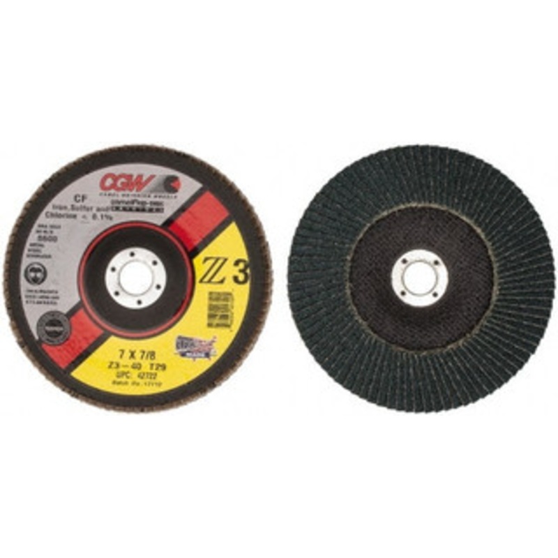 CGW Abrasives 7 40 Grit 7/8 Center Hole Type 29 Zirconia Alumina Flap Disc Coarse Grade, Coated, Arbor Attachment, Poly Cotton Backing, 8,600 RPM 42722 – 56451594