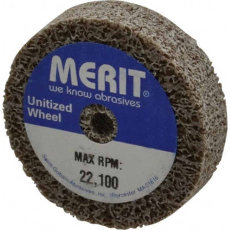 Merit Abrasives 2 Diam, 1/2 Face Width, 1/4 Center Hole, Medium Grade, Aluminum Oxide Deburring Wheel Unitized, Hard Density 8 Grade, 22,000 RPM 66254409080 – 84525013