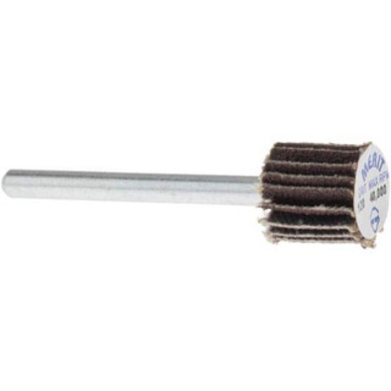 Merit Abrasives 3/8 Diam x 3/8 Face Width, Fine Aluminum Oxide Coated Mounted Flap Wheel 1/8 Shank Mount, 120 Grit, Cloth Backing, 40,000 Max RPM 08834137472 – 09608464