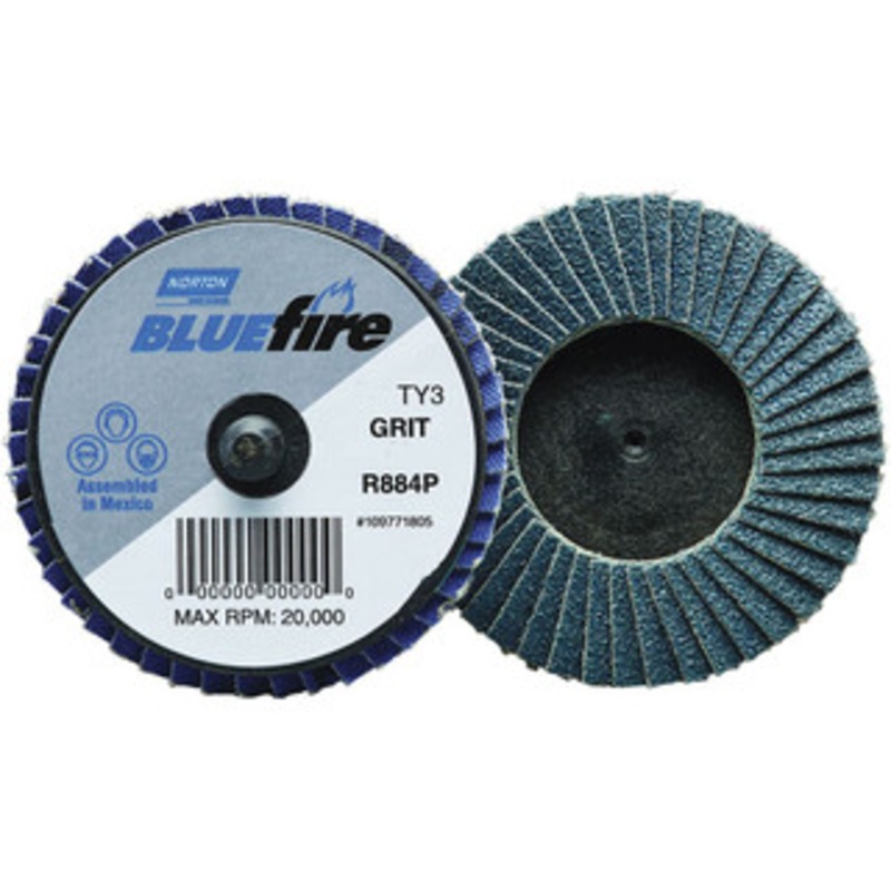 Norton 3 40 Grit Type 27 Zirconia Alumina Flap Disc Coarse Grade, Coated, Quick Change Type R Attachment, Fiberglass Backing, 30,000 RPM 77696090171 – 68540665