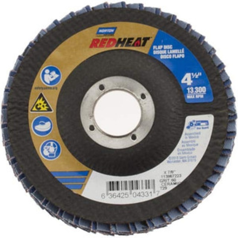 Norton 4-1/2 60 Grit 7/8 Center Hole Type 29 Ceramic Flap Disc Medium Grade, Coated, Arbor Attachment, Fiberglass Backing, 13,000 RPM 63642504331 – 82427659
