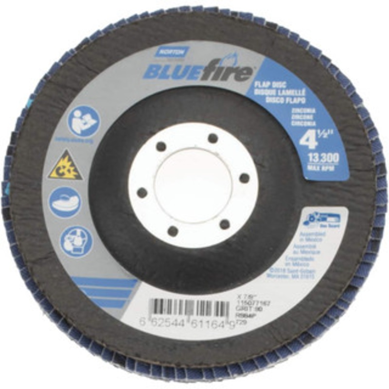 Norton 4-1/2 80 Grit 7/8 Center Hole Type 29 Zirconia Alumina Flap Disc Medium Grade, Coated, Arbor Attachment, Cloth Backing, 13,300 RPM 66254461164 – 87625901