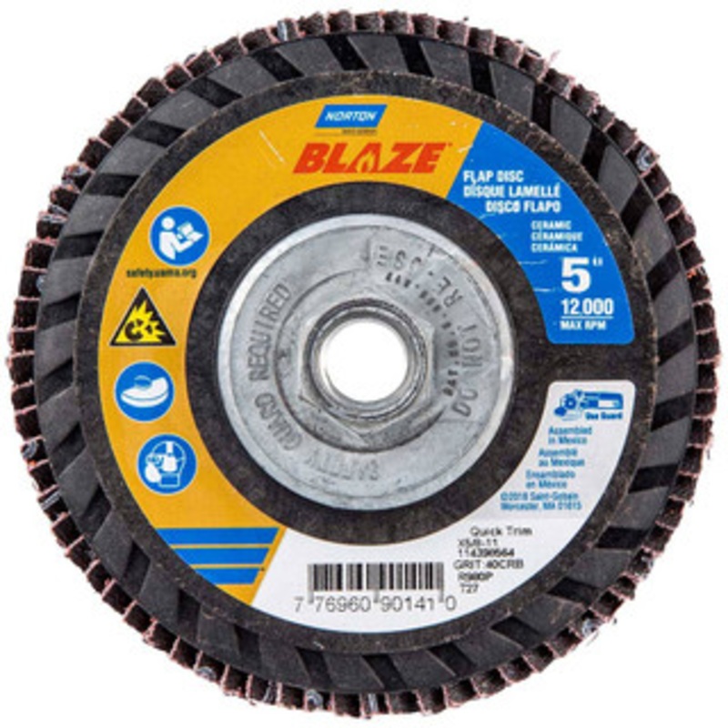 Norton 5 40 Grit 5/8-11 Center Hole Type 27 Ceramic Alumina Flap Disc Coarse Grade, Coated, Arbor Attachment, Plastic Backing, 12,000 RPM 77696090141 – 36044568