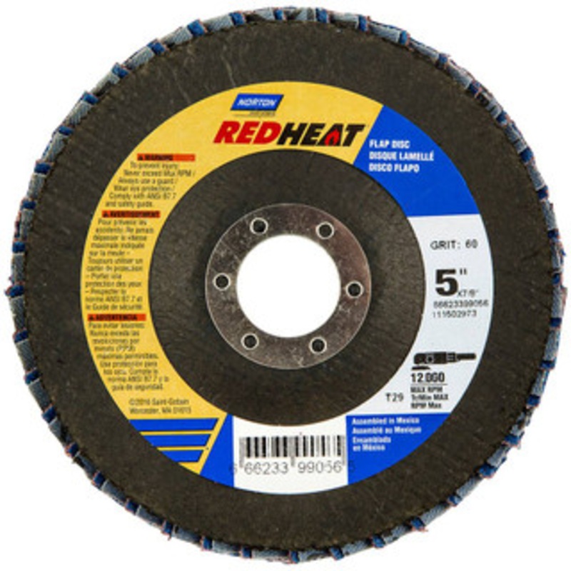 Norton 5 60 Grit 7/8 Center Hole Type 29 Ceramic Alumina Flap Disc Medium Grade, Coated, Arbor Attachment, Fiberglass Backing, 12,000 RPM 66623399056 – 36044337